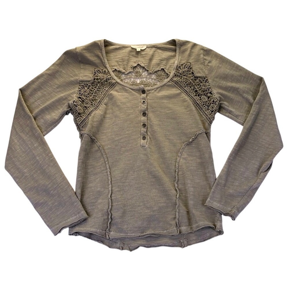 Mystree Crochet Lace Henley Long Sleeve Top Women's M Neutral Earthcore Boho